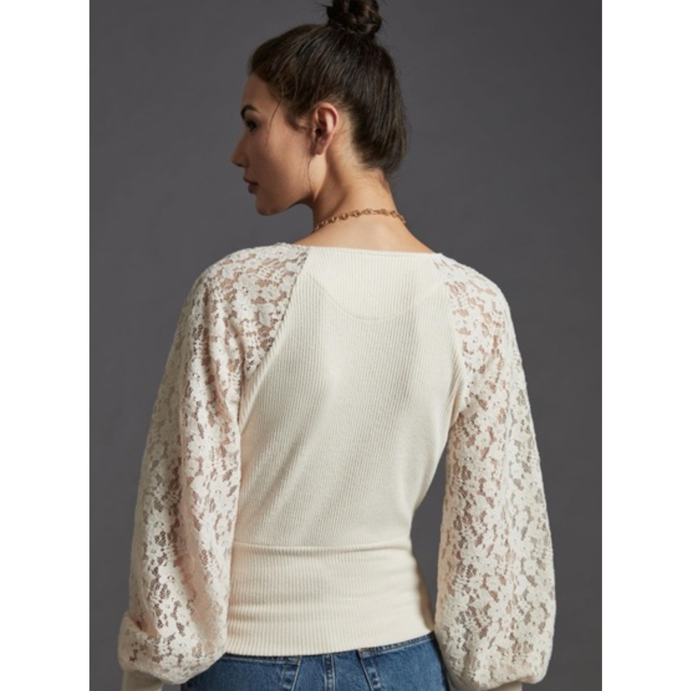 New Anthropologie Balloon Lace Sleeves Wrap Top - XL - Picture 2 of 7
